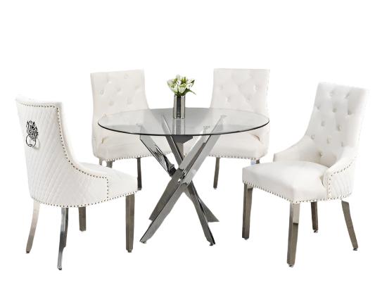 T-1447 | C-1253 - 5Pc Dining Set - 44" Round Glass Top Table with 4 White Chairs