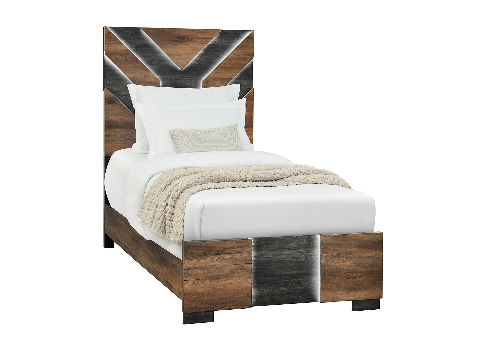 "OPTIMUS" Bed, Dark Brown + Walnut, Chevron Style Headboard, LED Lighting