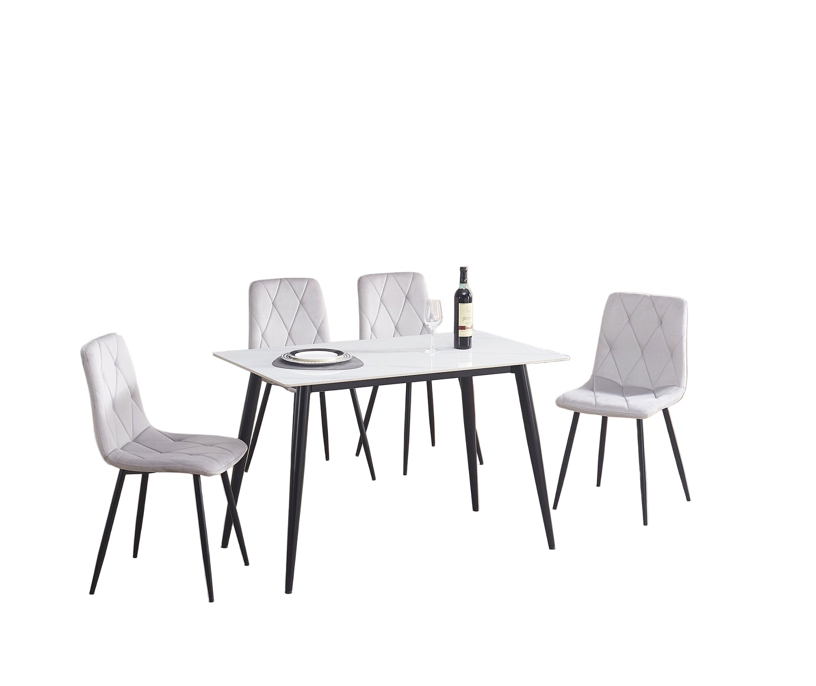 T-1630 | C-1631 Dining Set, 5 Pc, 48" Table + 4 Chairs, Light Grey Chairs, White Faux Marble Top Table