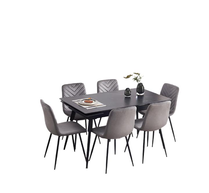 T-1817 | C-1817 Dining Set, 7Pc, Extension Table 55"-75", Sintered Stone Black Marble Top, Grey Velvet Chairs