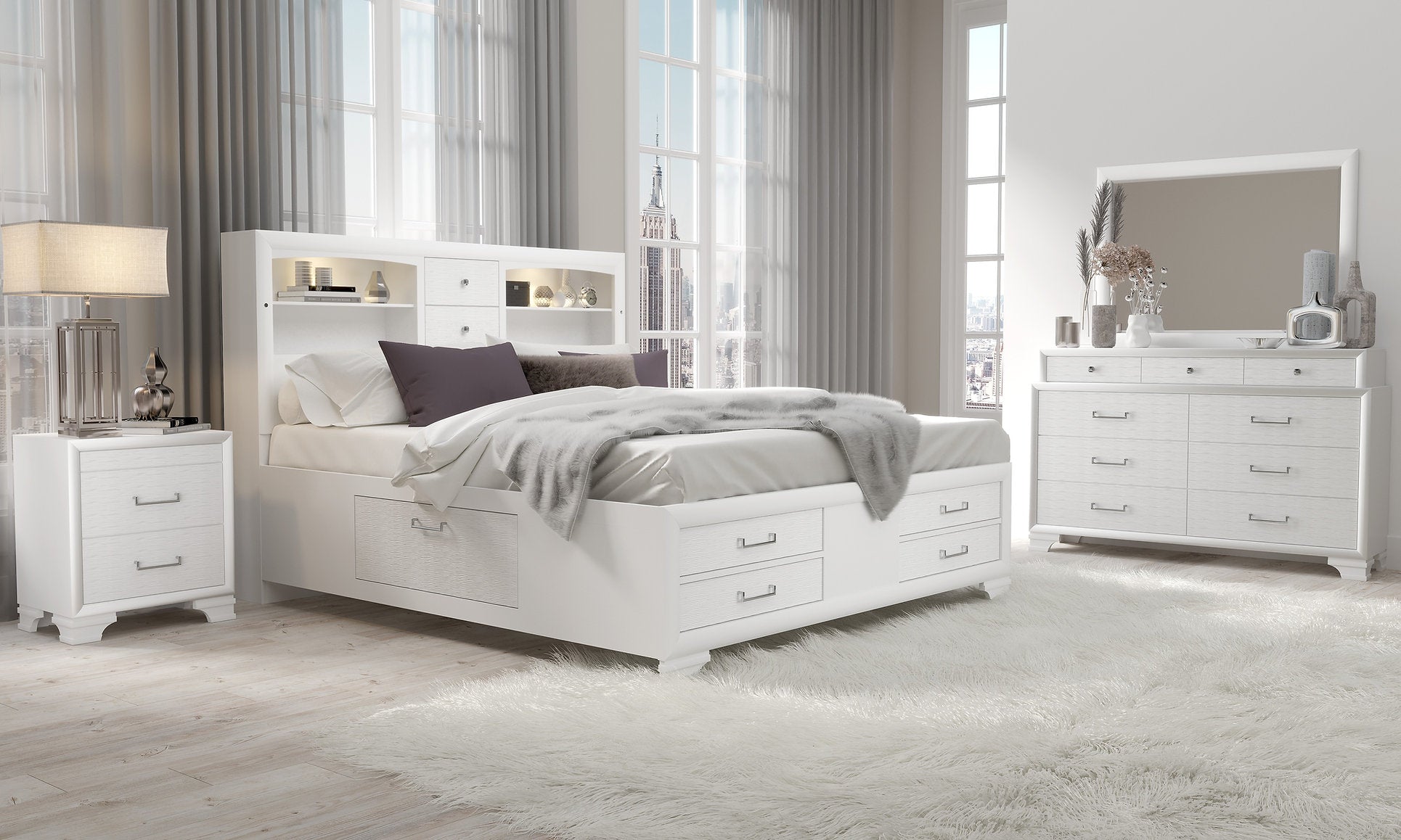 "AVA JORDYN WHITE" Deluxe Bedroom Set, White Lacquered Finish
