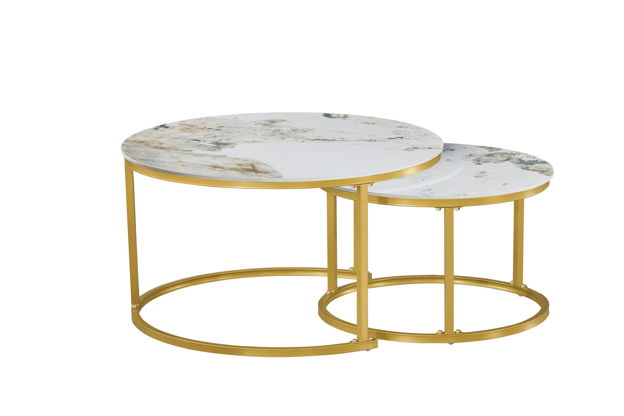 IF-2632 Coffee Table Set, 2Pc, Nested, Sintered Stone Pandora Top, Gold Steel Base