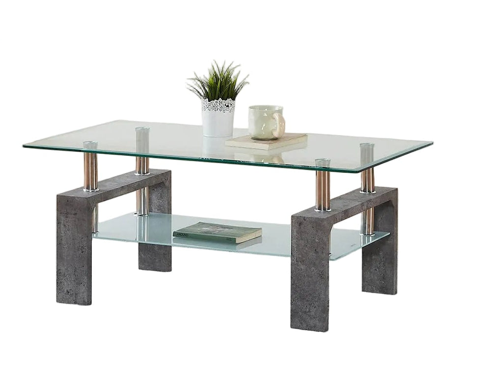 IF-2061 Coffee Table Set, Grey Legs, 3Pc, Clear Glass Top, Frosted Glass Shelf