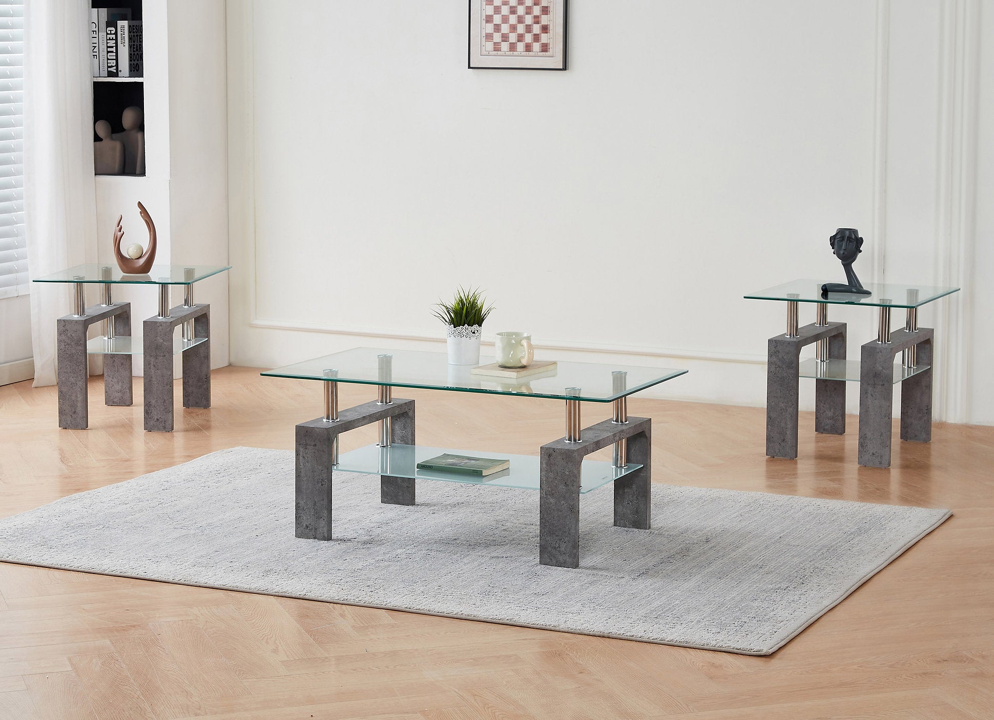 IF-2061 Coffee Table Set, Grey Legs, 3Pc, Clear Glass Top, Frosted Glass Shelf