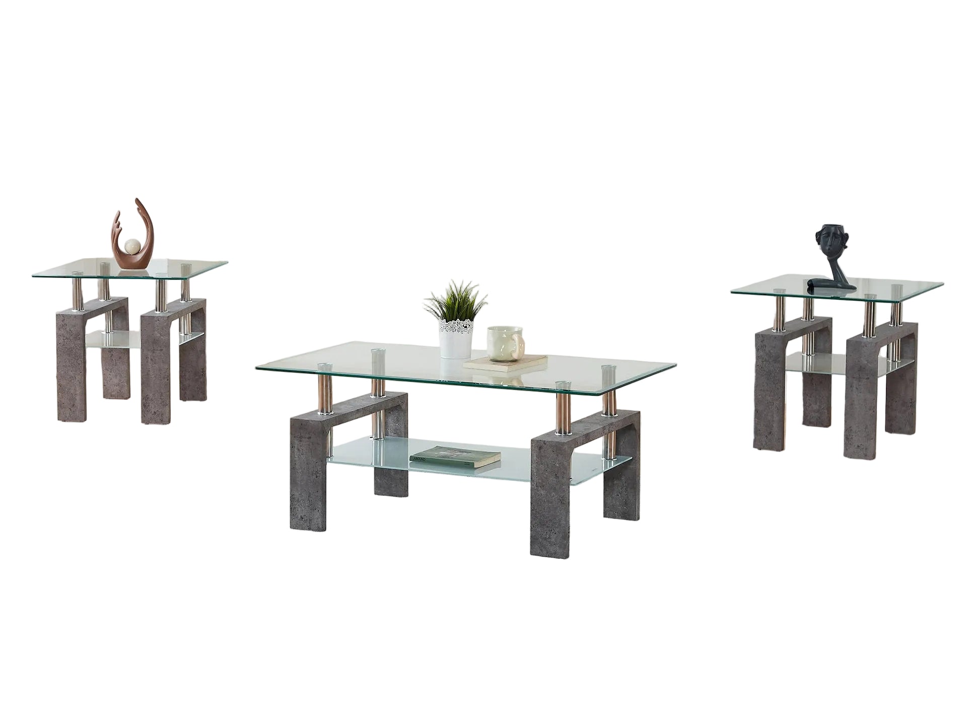 IF-2061 Coffee Table Set, Grey Legs, 3Pc, Clear Glass Top, Frosted Glass Shelf