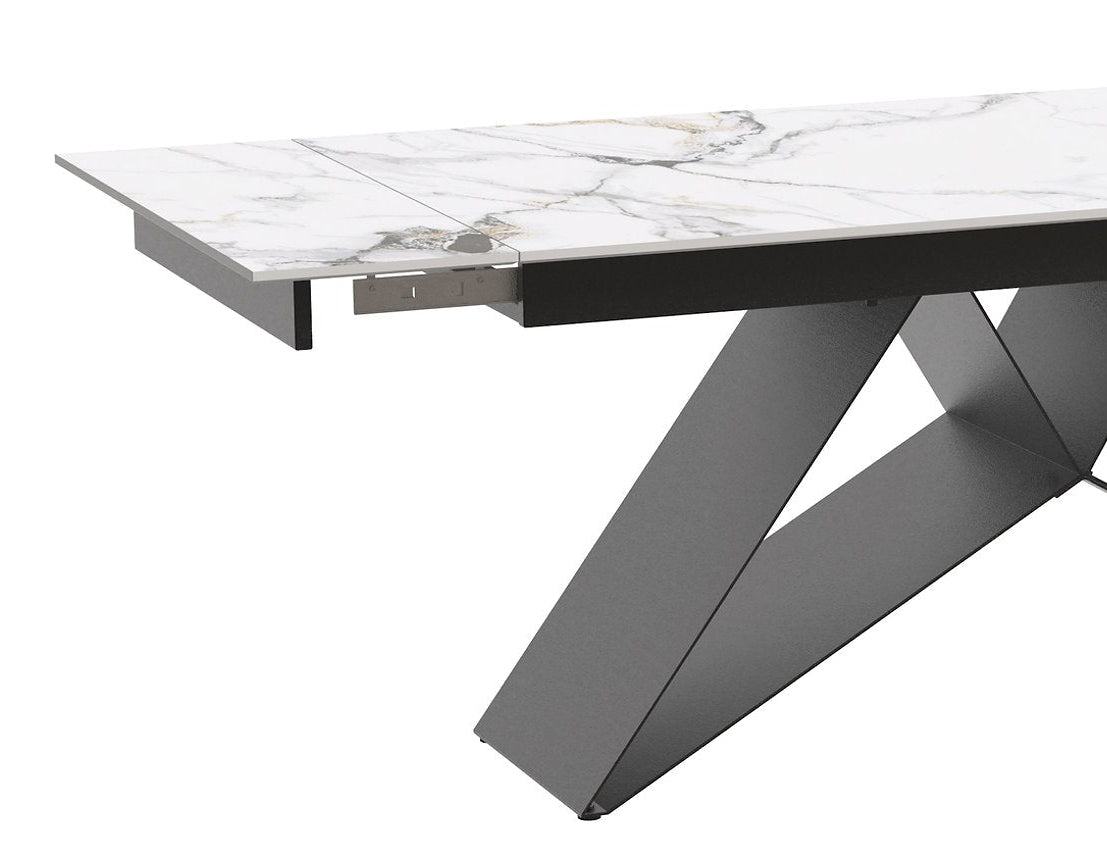 T-1545 Dining Table, 63" to 87" Extension, White Vein-Matched Marble Top