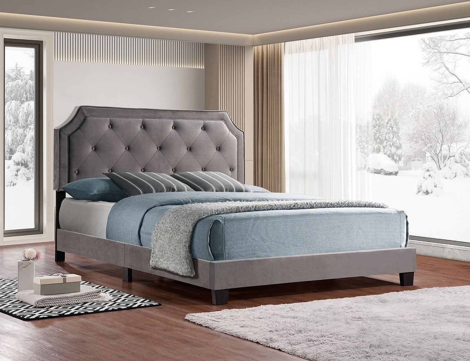 Bed - Grey Velvet with Diamond Pattern Tufting  IF-5610