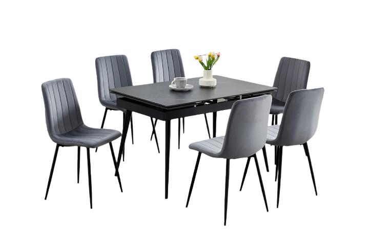 T-1472 | C-1474 Dining Set, 7Pc, 48"-71" Extension Table, Sintered Stone Black Mable, Dark Grey Velvet Chairs