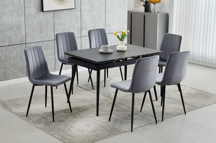 T-1472 | C-1474 Dining Set, 7Pc, 48"-71" Extension Table, Sintered Stone Black Mable, Dark Grey Velvet Chairs