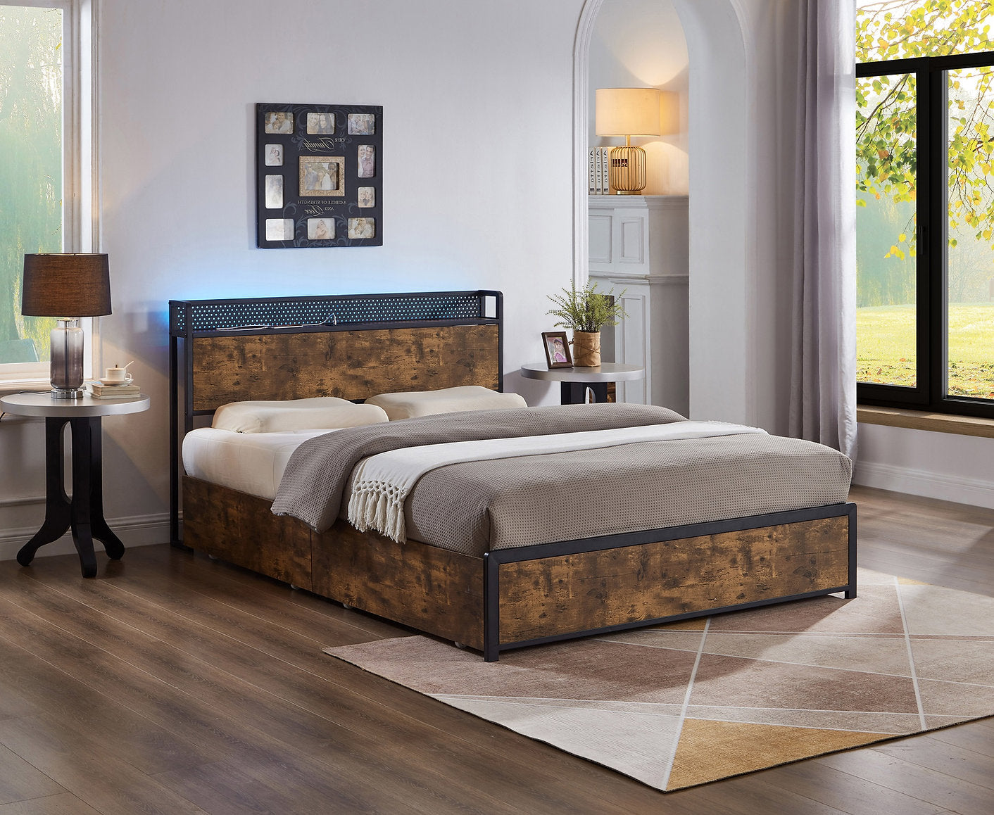 IF-5930 Bed, Wood Grain Panels and Metal Frame, LED Lights, USB Charging Ports