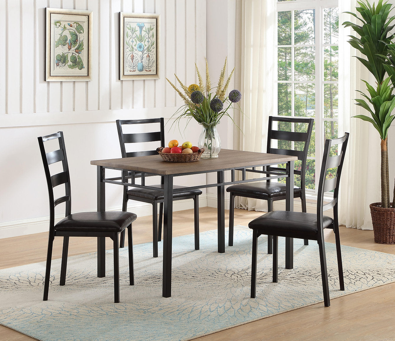 Dining Set, Table + 4 Chairs, 46" Brown Reclaimed Table Top with Upholstered Seats  IF-1057