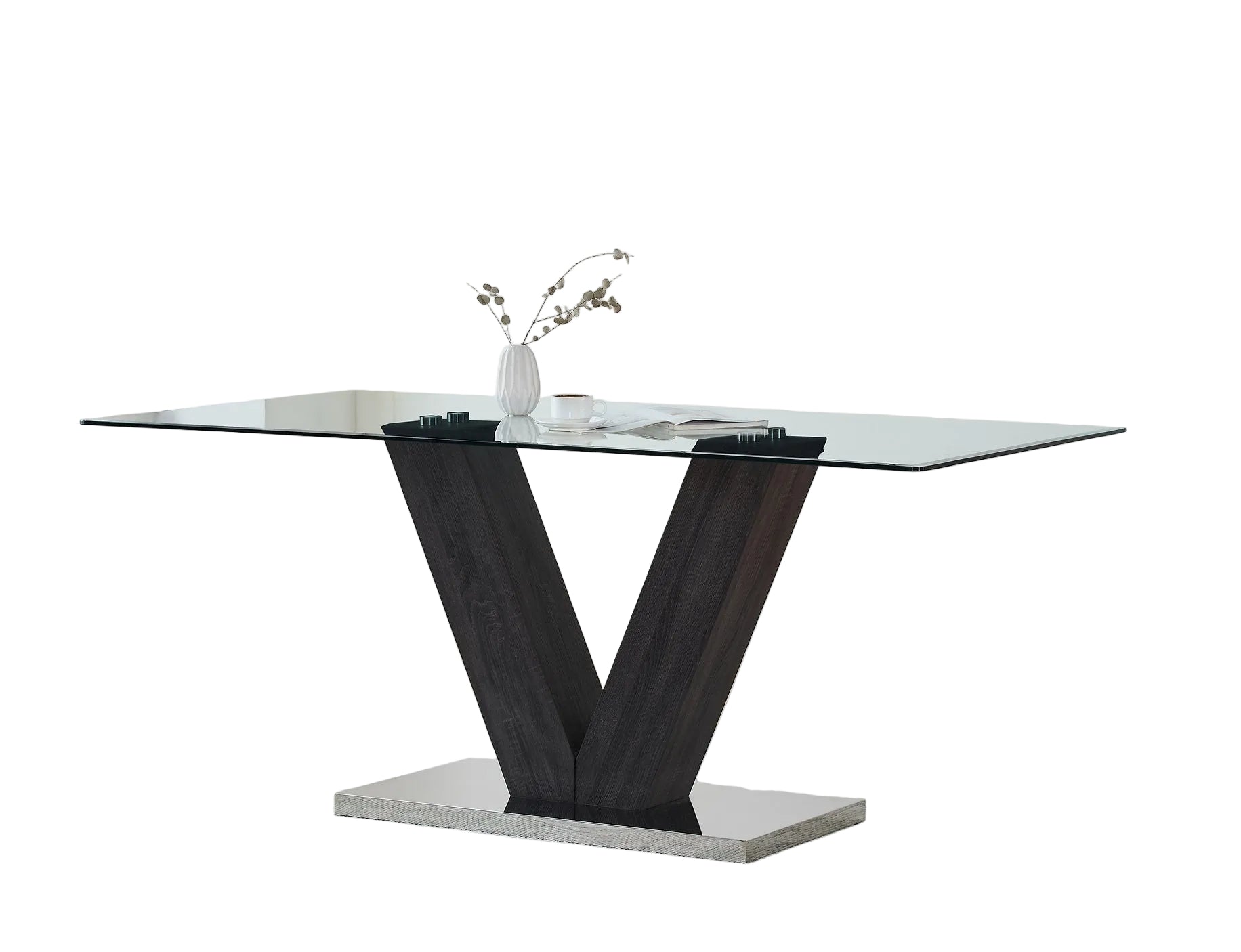T-1402 Dining Table, 71" Long, Clear Glass Top, V-Shaped Grey Pedestal, Stainless Steel Base