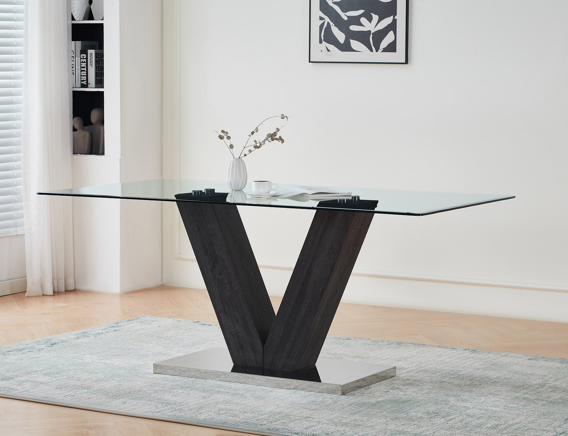 T-1402 Dining Table, 71" Long, Clear Glass Top, V-Shaped Grey Pedestal, Stainless Steel Base