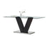 T-1402 Dining Table, 71" Long, Clear Glass Top, V-Shaped Grey Pedestal, Stainless Steel Base