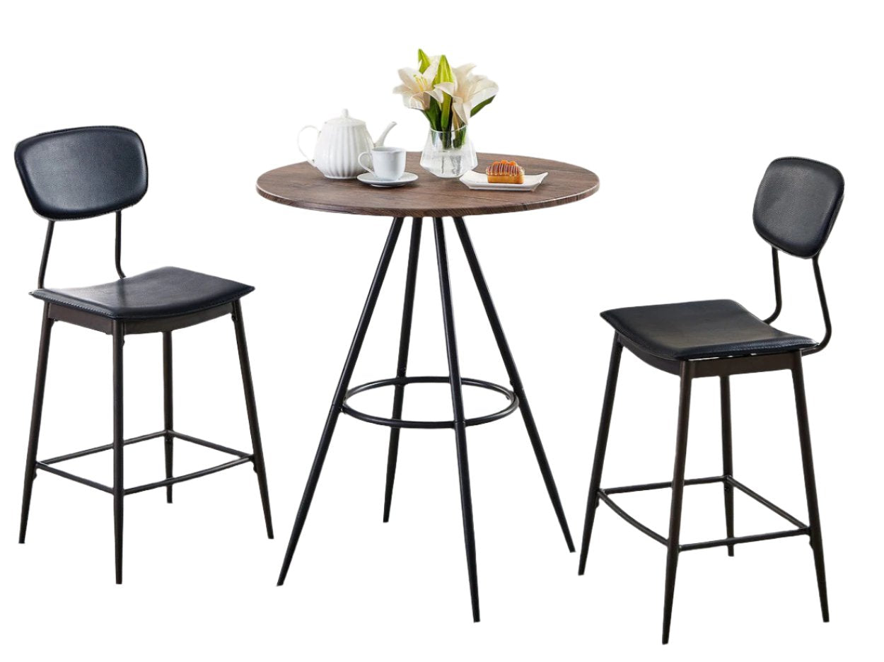 IF-1073 Pub Set, Brown, 30" Round Table, Black Metal Frame, Table + 2 Chairs