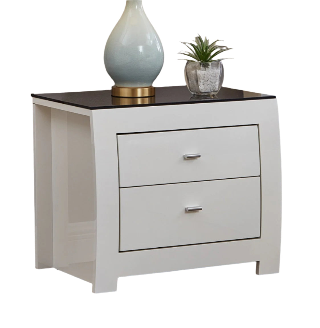 "BARCELONA" Night Table, Hight Gloss White, Black Glass Top