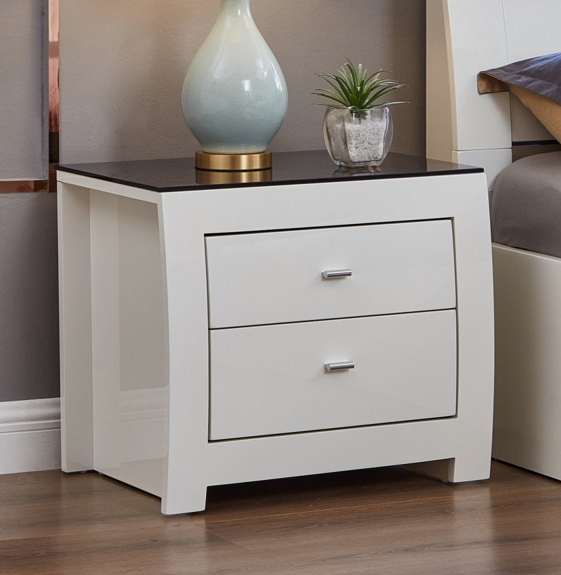 "BARCELONA" Night Table, Hight Gloss White, Black Glass Top