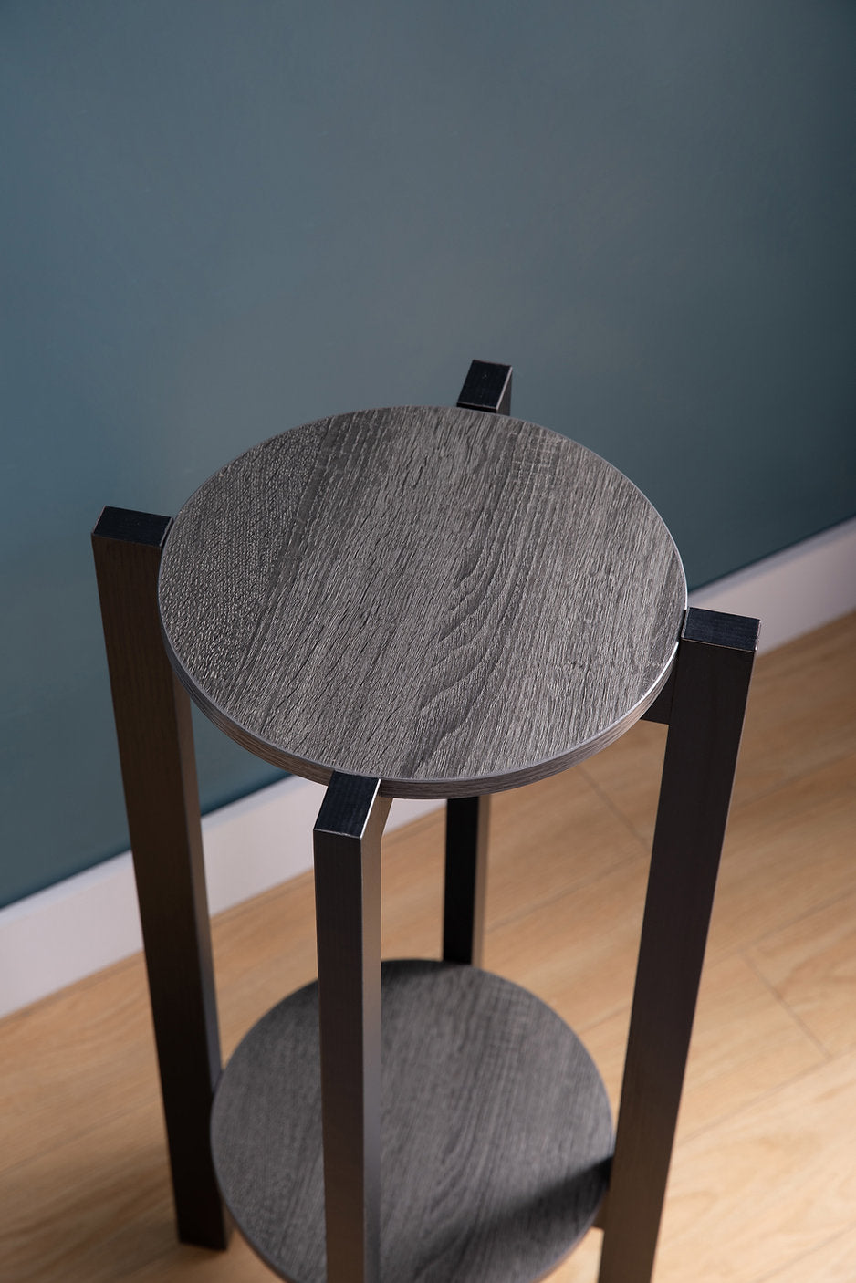 IF-090 Side Accent Table, Round, 15" Diameter, Grey Top, Black Legs, 2 Tier