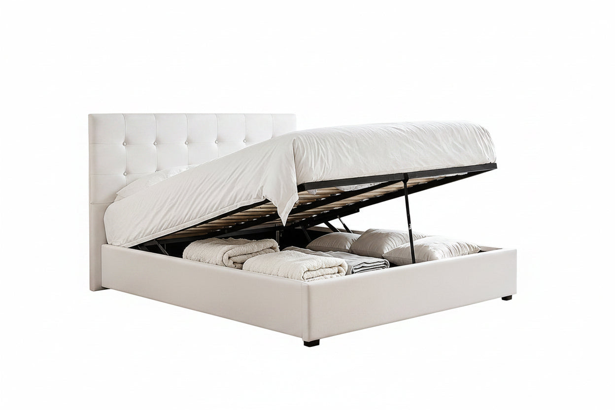 IF-5446 Lift Bed, Cream Fabric, Enclosed Storage