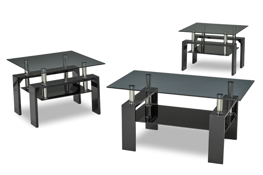 IF-2011 Glass Coffee Table Set, 3Pc, Or Individual Pieces, Glossy Black