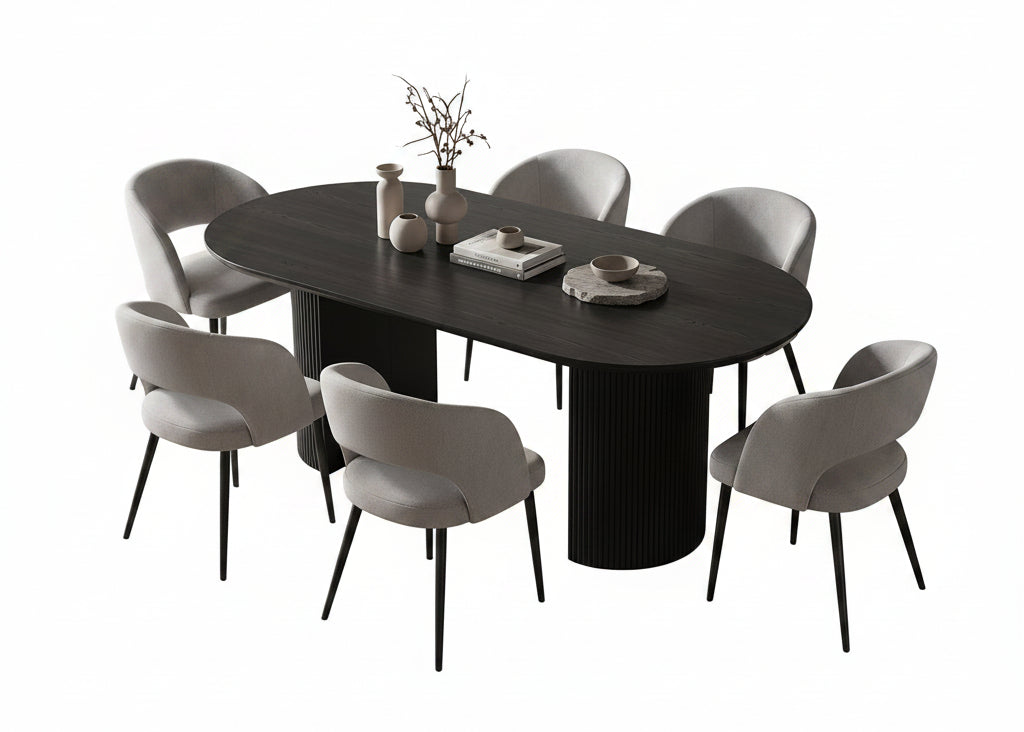 T-1643 | C-1645 Dining Set, 7Pc, Grey Chairs, Black 71" Oval Table, Fluted Base