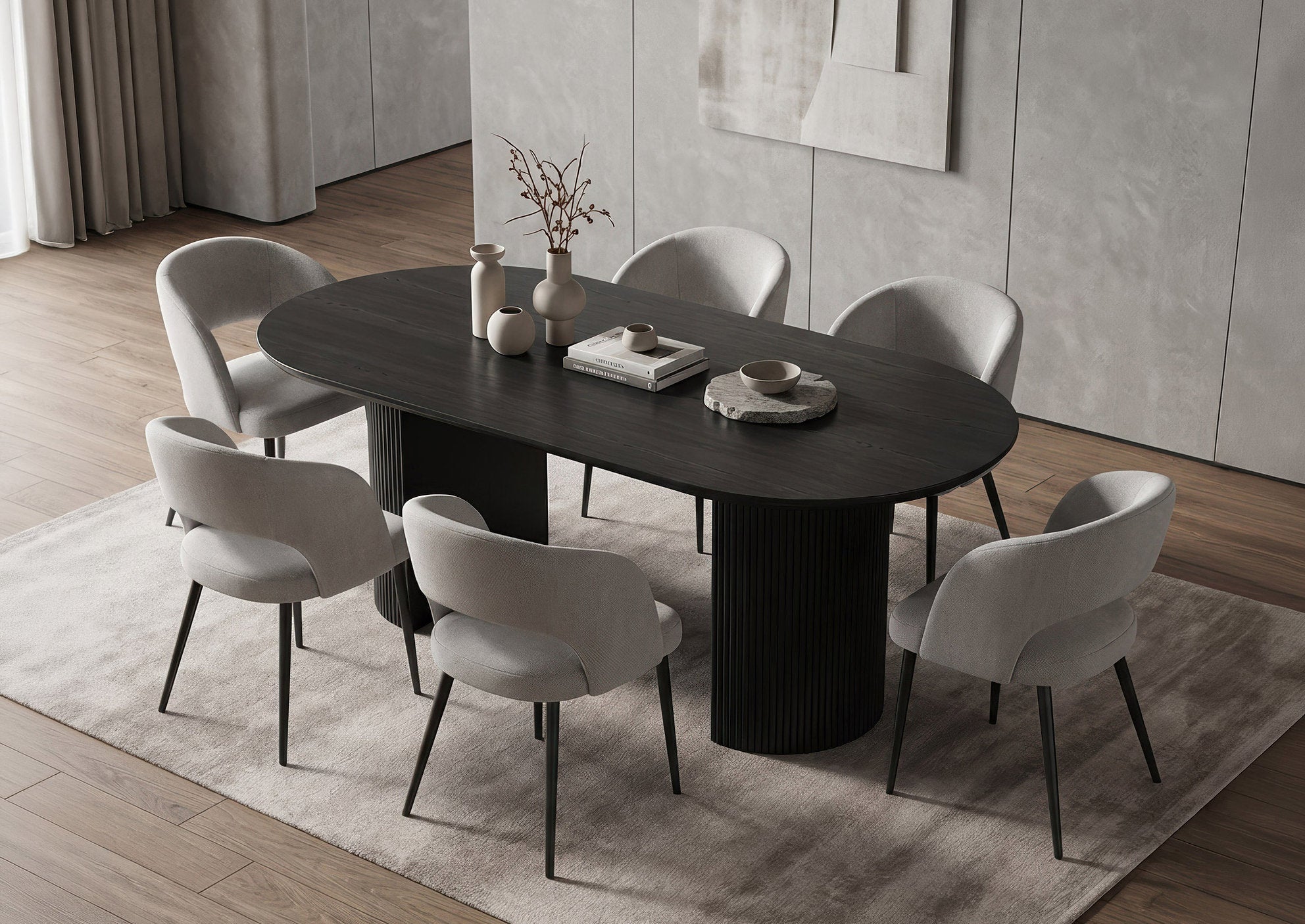 C-1645 Dining Chairs, Grey Textured Fabric Upholstery, Curved Wraparound Backrest, (Set of 2)