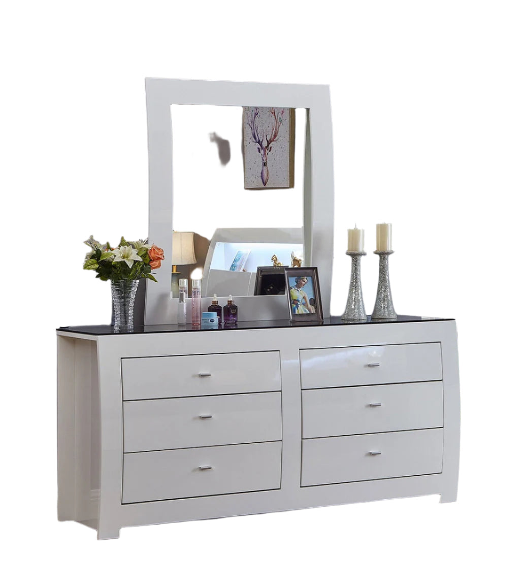 "BARCELONA" Dresser + Mirror, High Gloss White, Black Glass Top