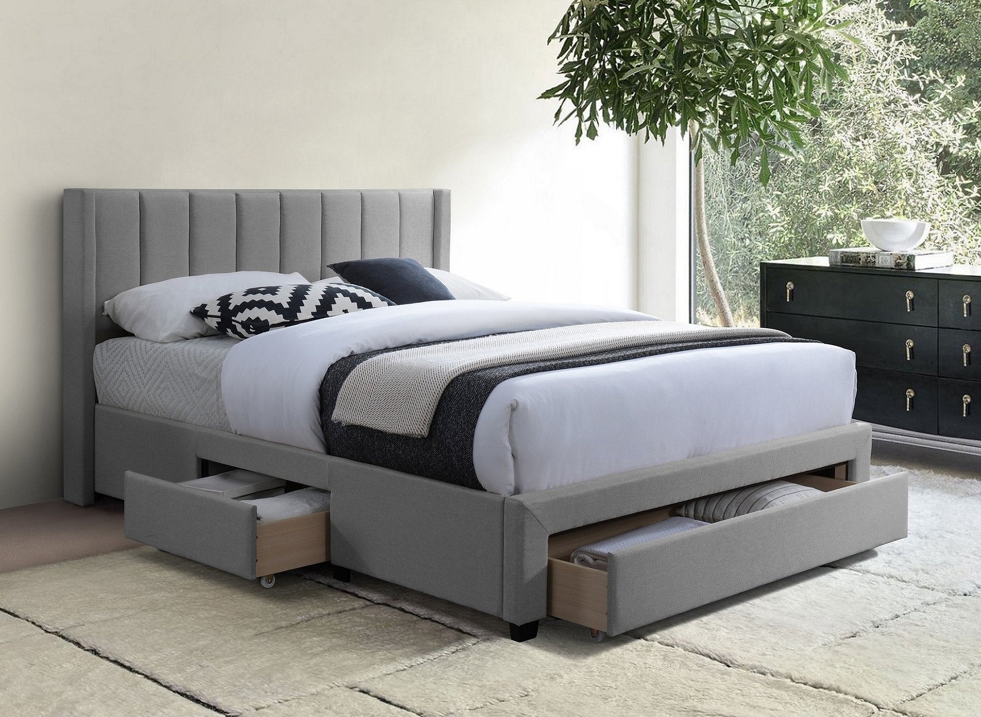 Bed - Grey Fabric with 3 Storage Drawers and Padded Headboard  IF-5330
