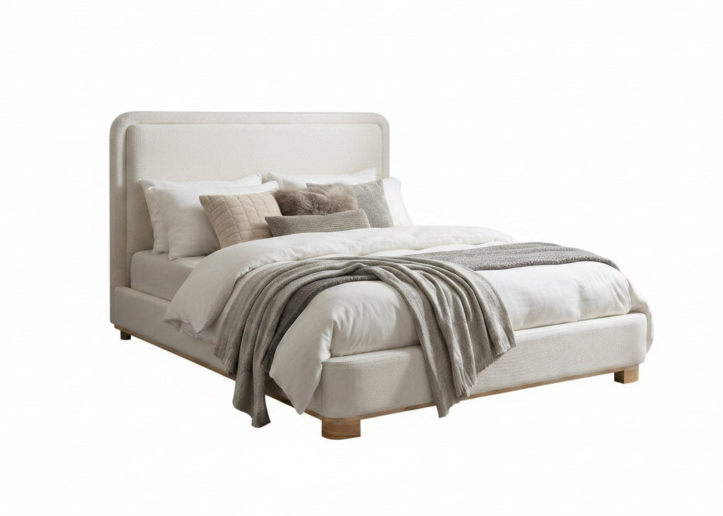 IF-5910 Bed, Natural Wood Frame, Soft Warm Ivory Fabric