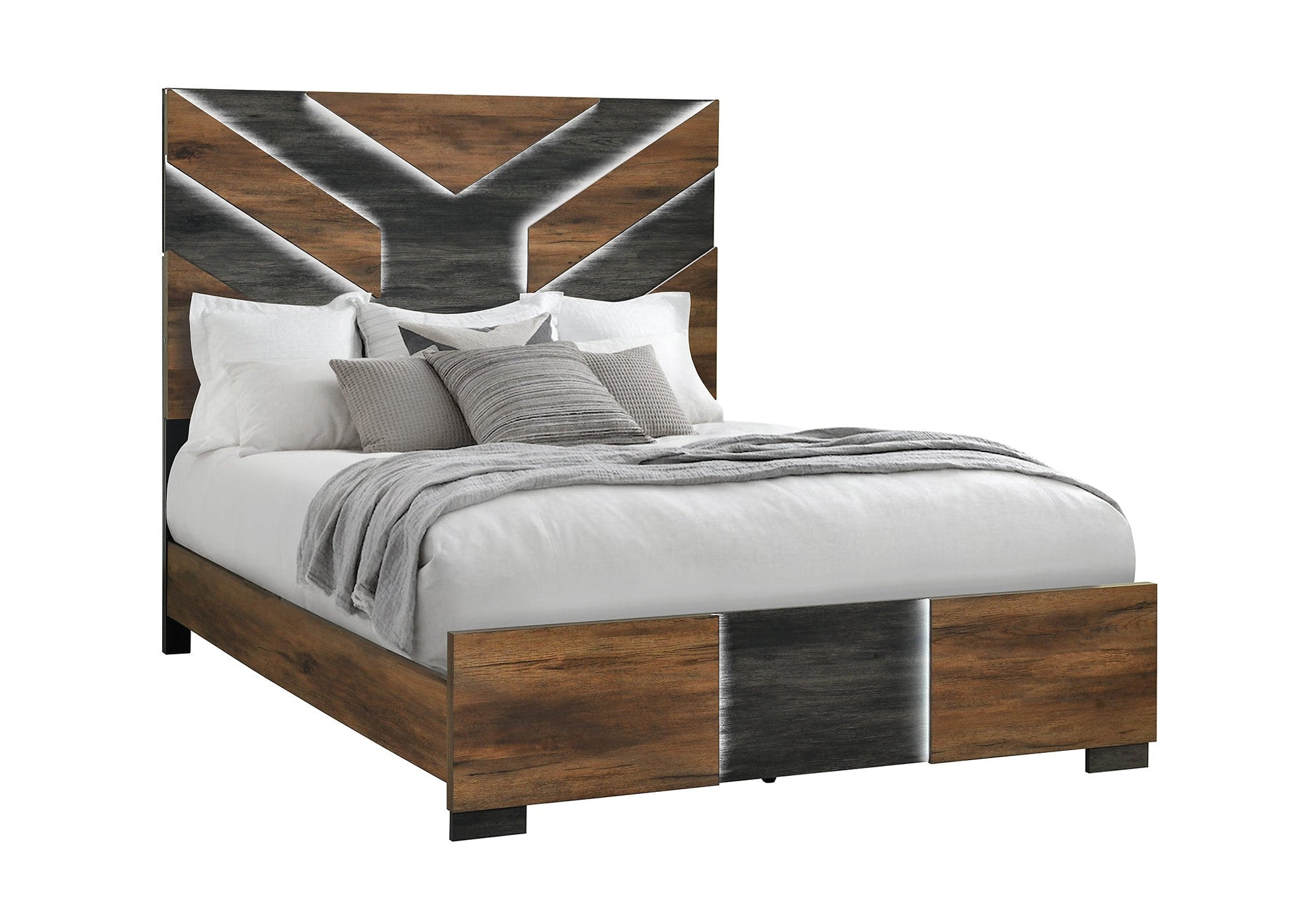 "OPTIMUS" Bed, Dark Brown + Walnut, Chevron Style Headboard, LED Lighting