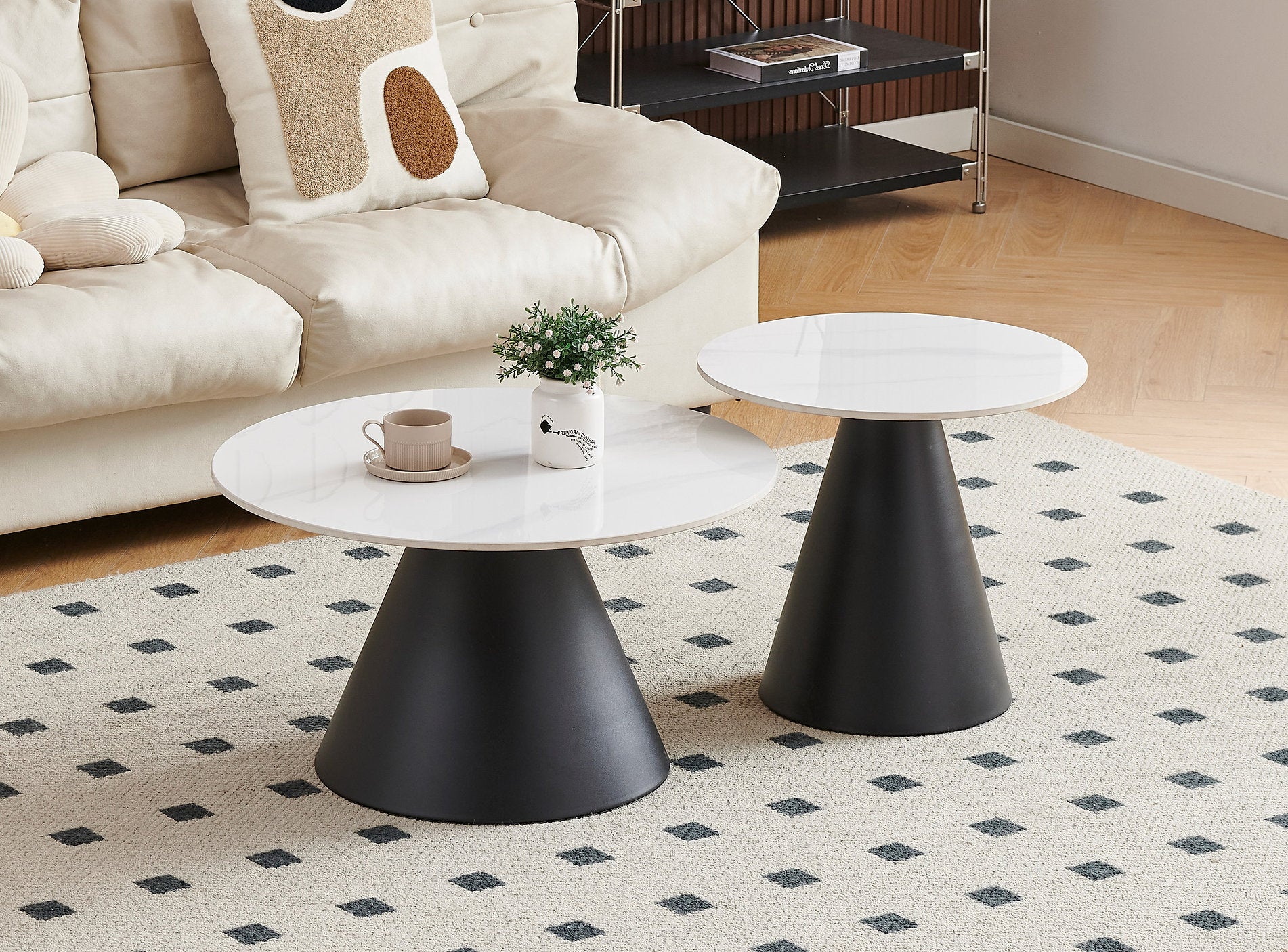 IF-2200 Coffee Table Set, 2Pc, Nested, Sintered Stone White Marble Top, Black Steel Base