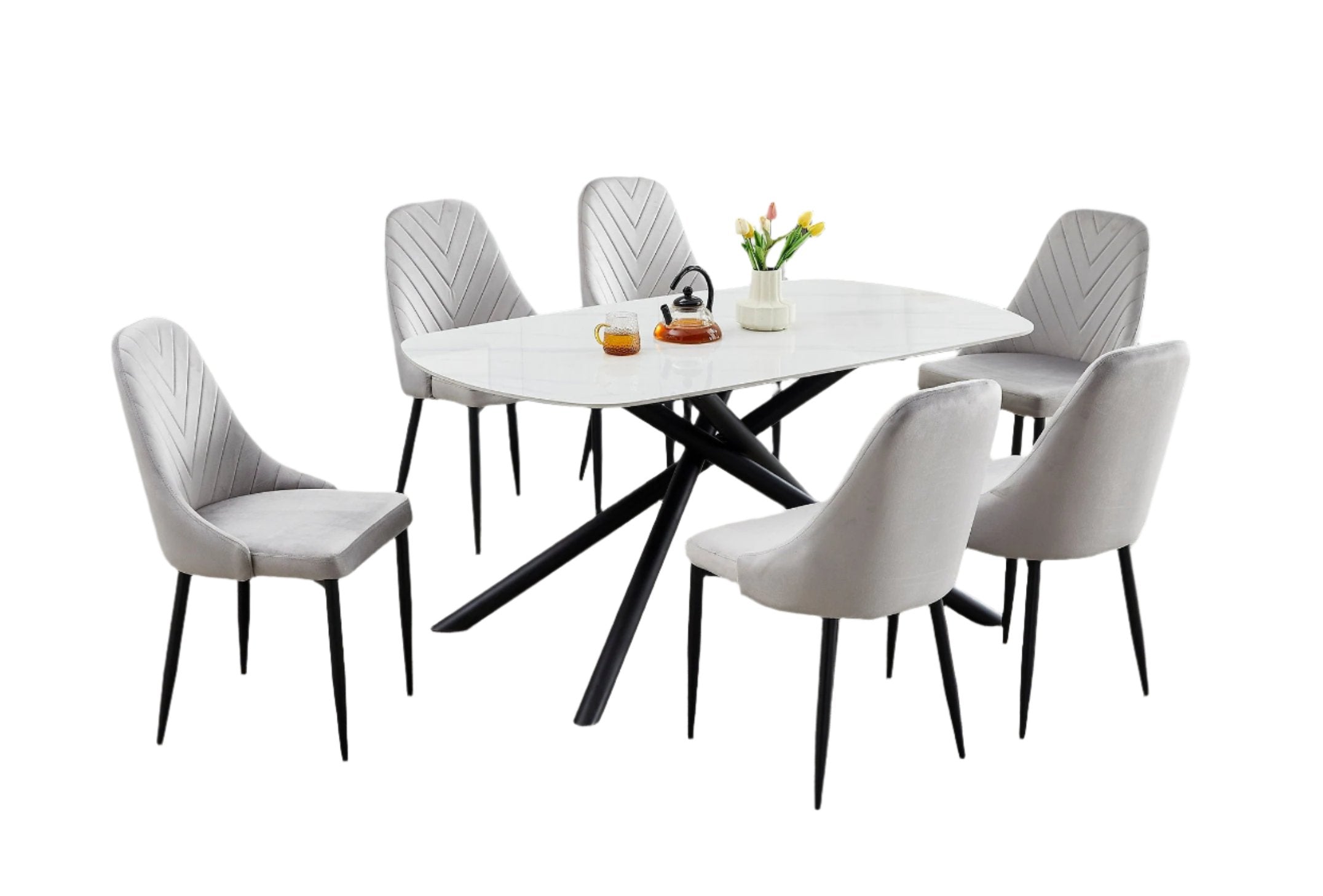 T-1530 | C-1531 Dining Set, 7Pc, 63" Table, Sintered White Marble Top, Light Grey Velvet Chairs