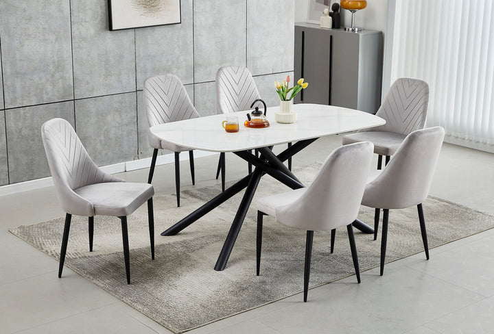 T-1530 | C-1531 Dining Set, 7Pc, 63" Table, Sintered White Marble Top, Light Grey Velvet Chairs