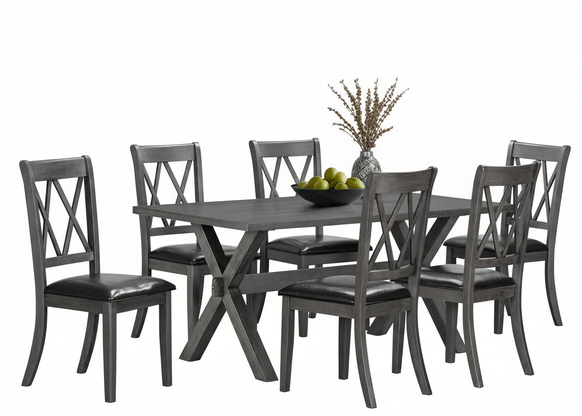 T-1095 | C-1099 Dining Set, 7 Pc, 67" Table + 6 Chairs, Antique Grey, Black Faux Leather Seat Chairs