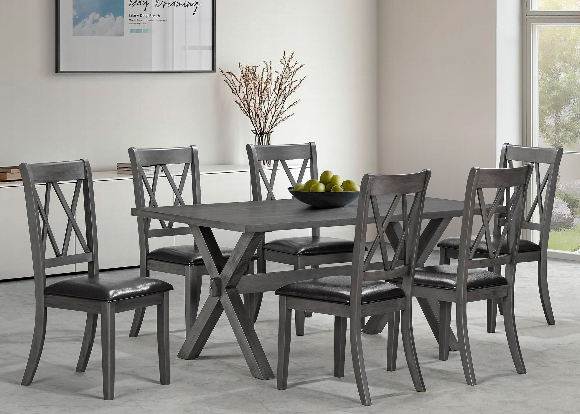 T-1095 | C-1099 Dining Set, 7 Pc, 67" Table + 6 Chairs, Antique Grey, Black Faux Leather Seat Chairs