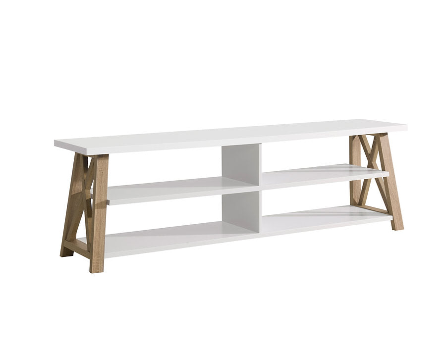 IF-5009 T.V Stand, 71" Wide, White and Natural Finish, X-Frame Side Panels