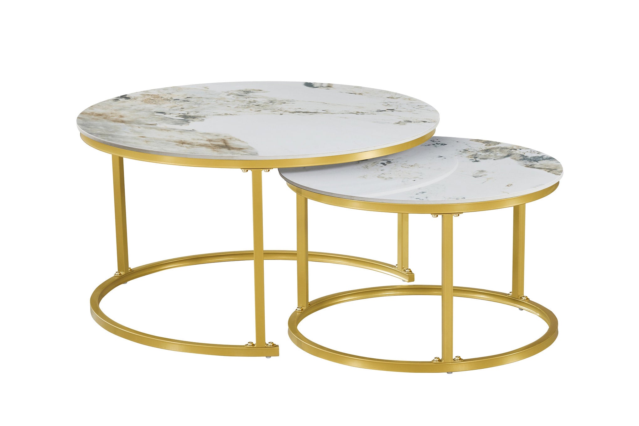 IF-2632 Coffee Table Set, 2Pc, Nested, Sintered Stone Pandora Top, Gold Steel Base