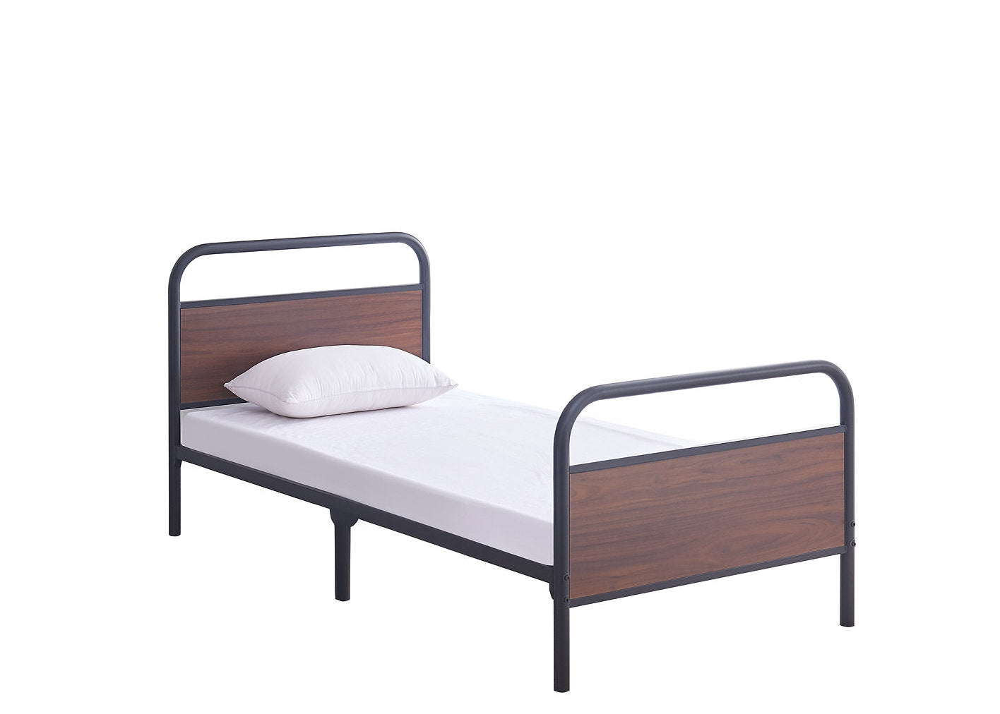 IF-5255 Bed, Black, Metal Frame, Brown Wood Panel Accents