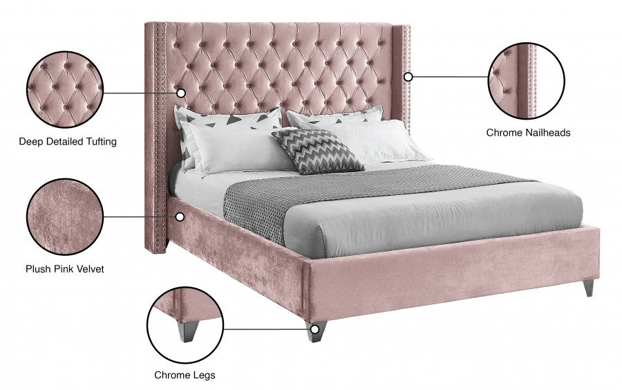 IF-5895 Bed, Pink, Velvet, Nailhead detail, Tufted Headboard