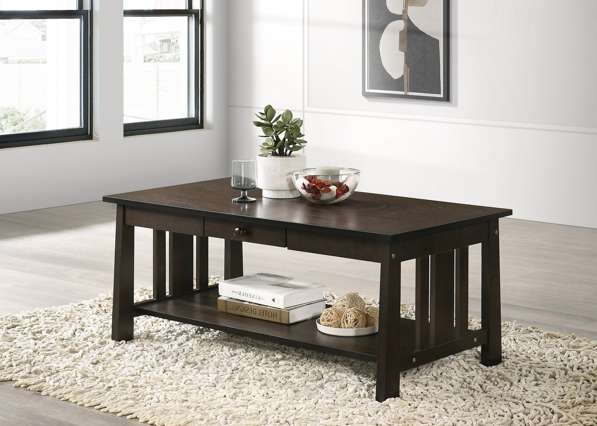 IF-3201 Coffee Table, Espresso, Wood, 42" Wide, Storage Shelf, Storage Drawer