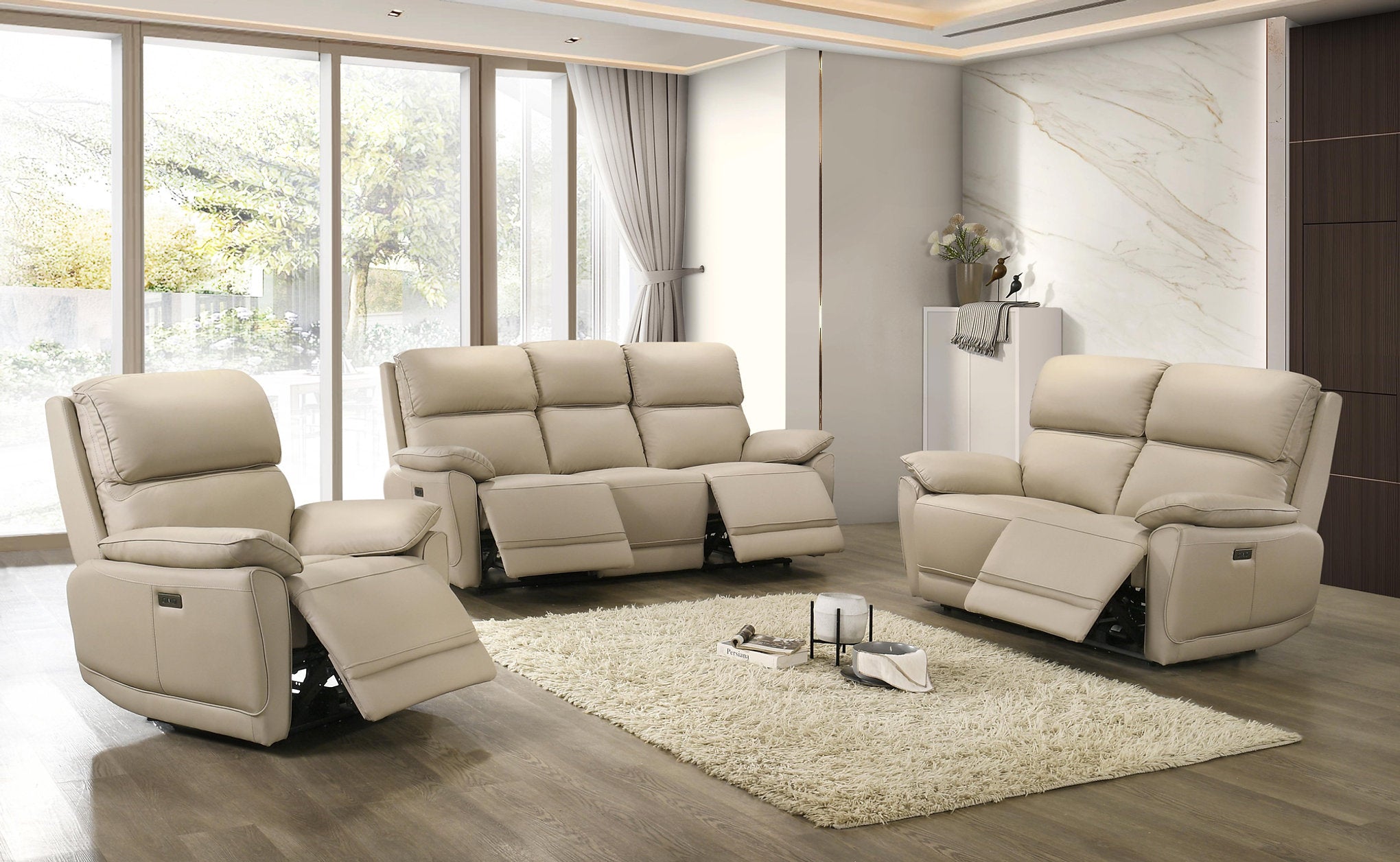 IF-8172 Power Recliner Set, 3pc, Warm Cream, Genuine Leather/Match, USB Charging