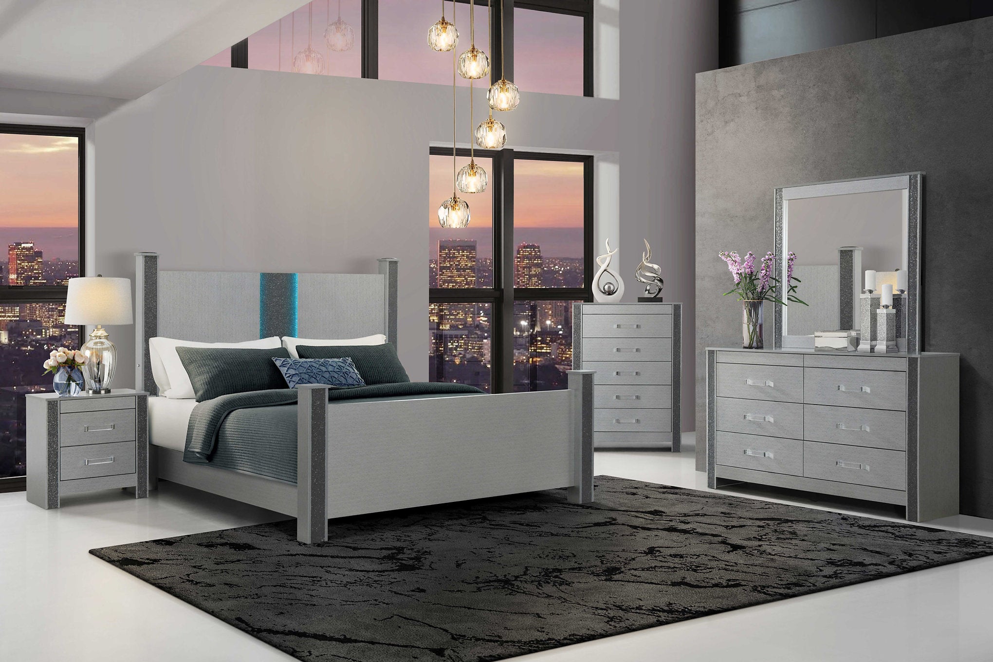 "LOGAN SILVER" Deluxe Bedroom Set, 6Pc, Sleek Silver, Dazzling Crushed Crystal Accents