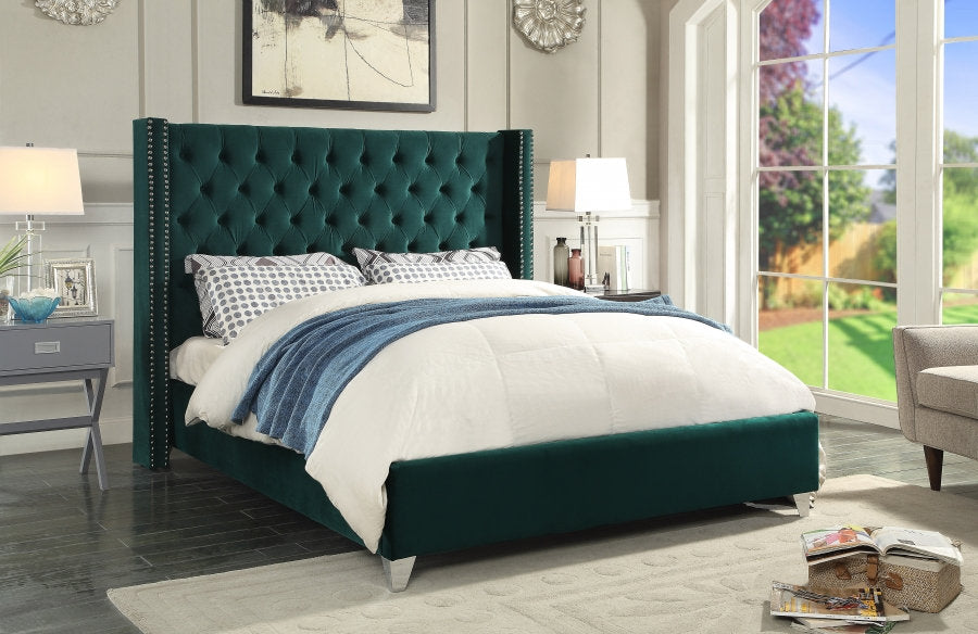 IF-5894 Bed, Green, Velvet, Wing Style Pattern Headboard