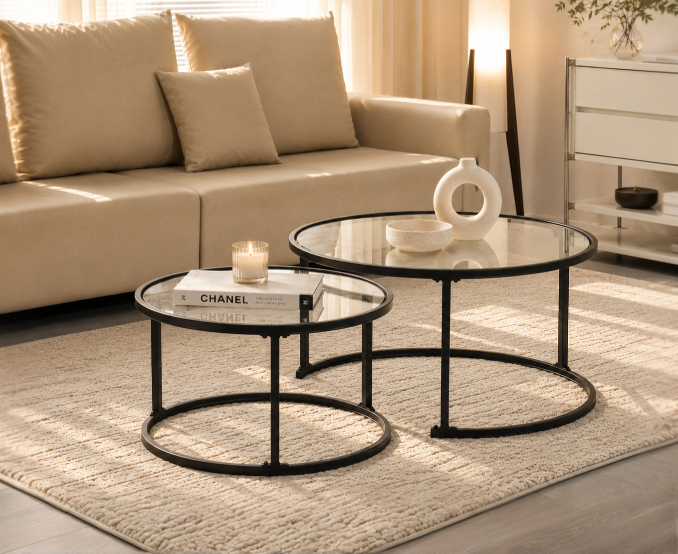 IF-2611 Coffee Tables, 2Pc Set, Nesting, 32" Round, 24" Round, Matte Black Steel Frames with Tempered Glass Tops