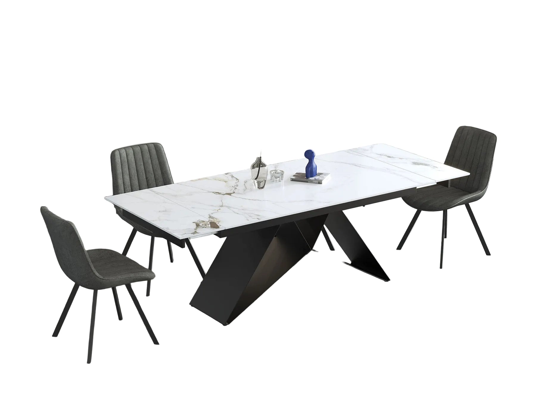 T-1545 Dining Table, 63" to 87" Extension, White Vein-Matched Marble Top