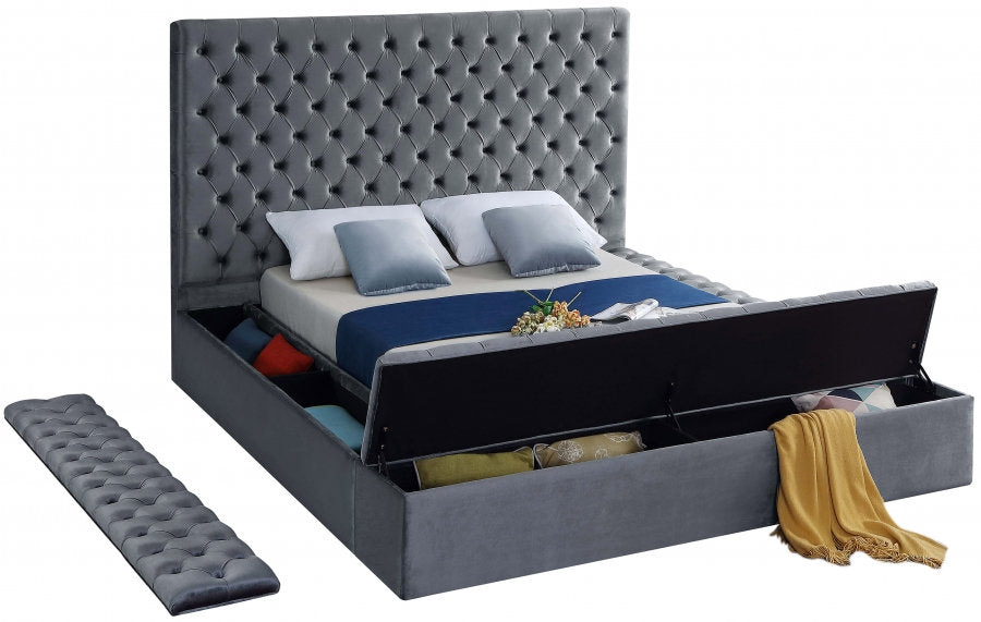 IF-5790 Bed, Grey, Velvet, 3 Storage Benches, Deep Tufting