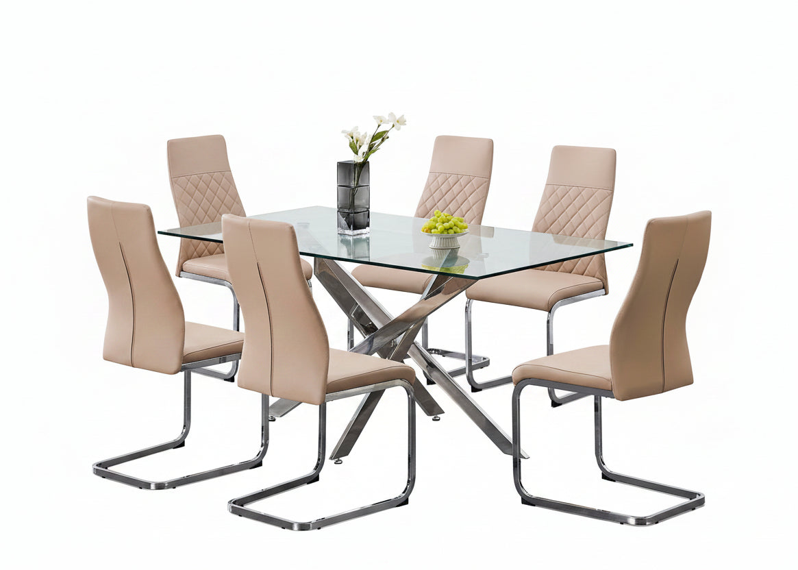 T-1448 | C-1577 Dining Set, 7 Pc, 63" Table + 6 Chairs, Chrome + Glass Table, Chrome + Champagne Chairs