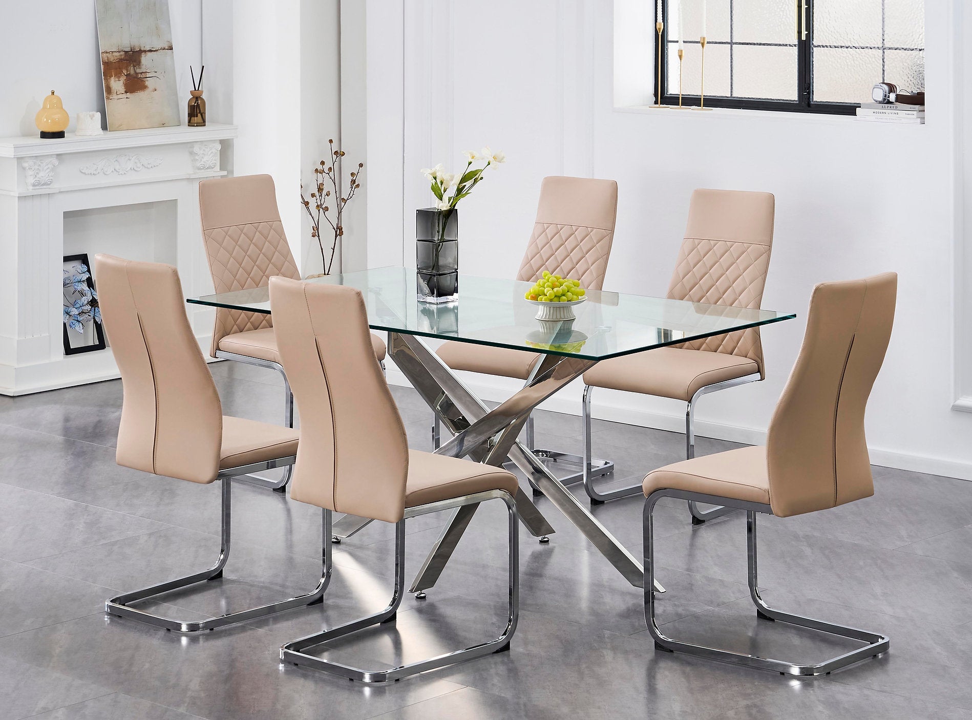 T-1448 | C-1577 Dining Set, 7 Pc, 63" Table + 6 Chairs, Chrome + Glass Table, Chrome + Champagne Chairs