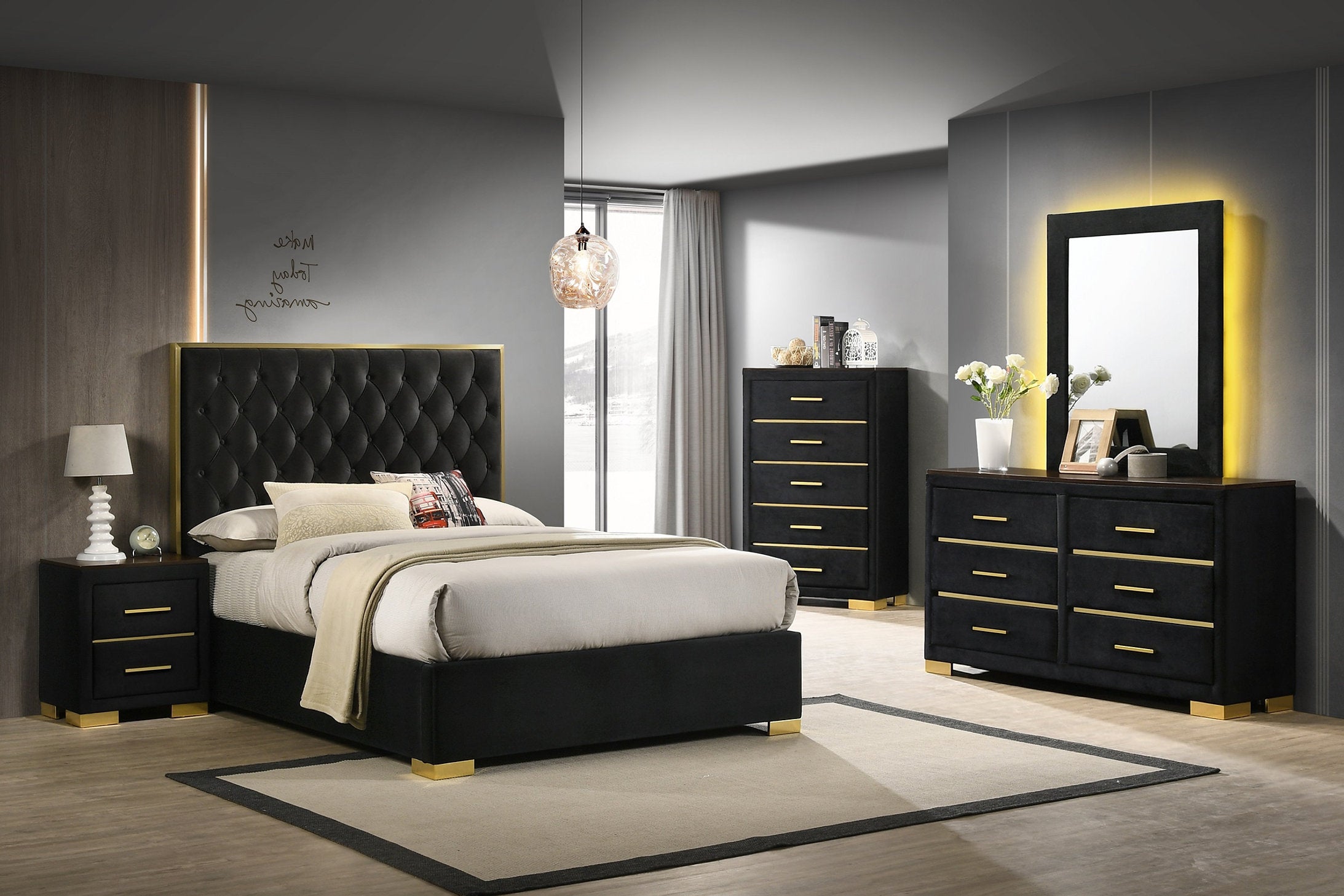 Deluxe Bedroom Set or Set Components in Black Velvet  IF-Chloe | IF-100