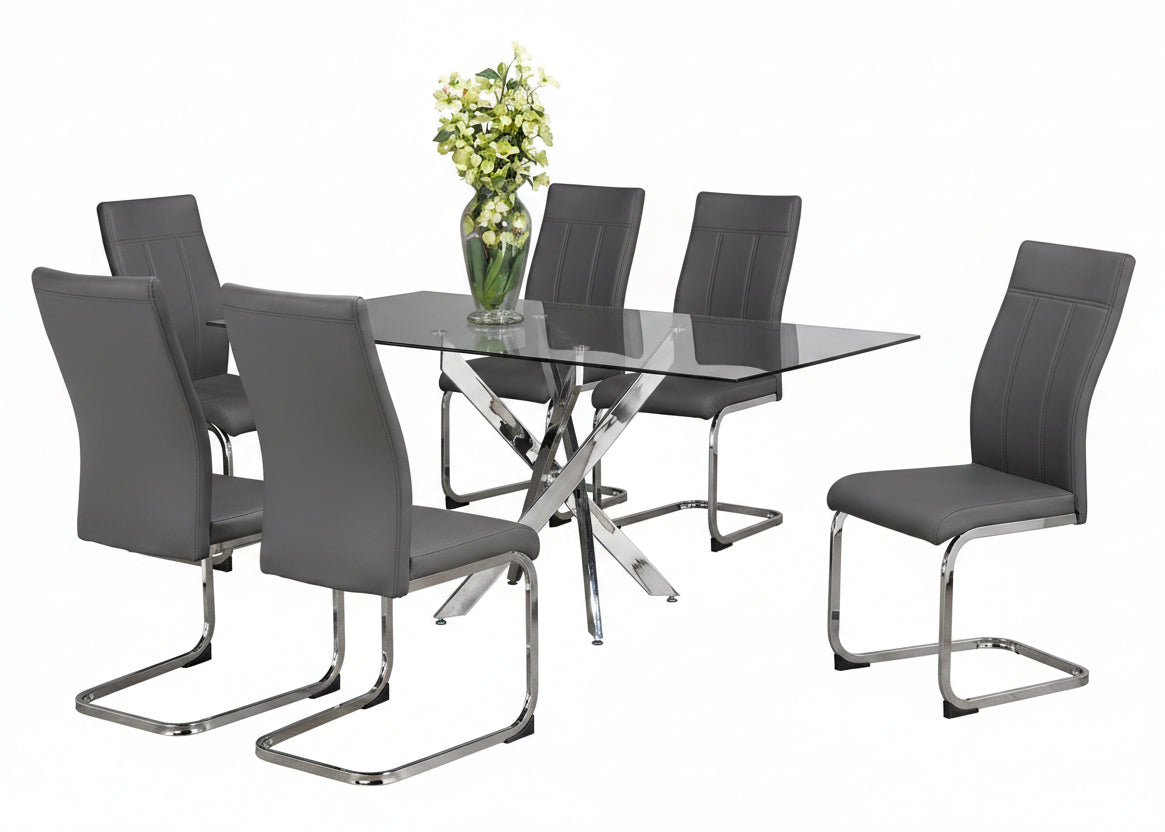 T-1448 | C-1879 Dining Set, 7 Pc, 63" Table + 6 Grey Chairs, Chrome Steel Table Legs, Glass Top
